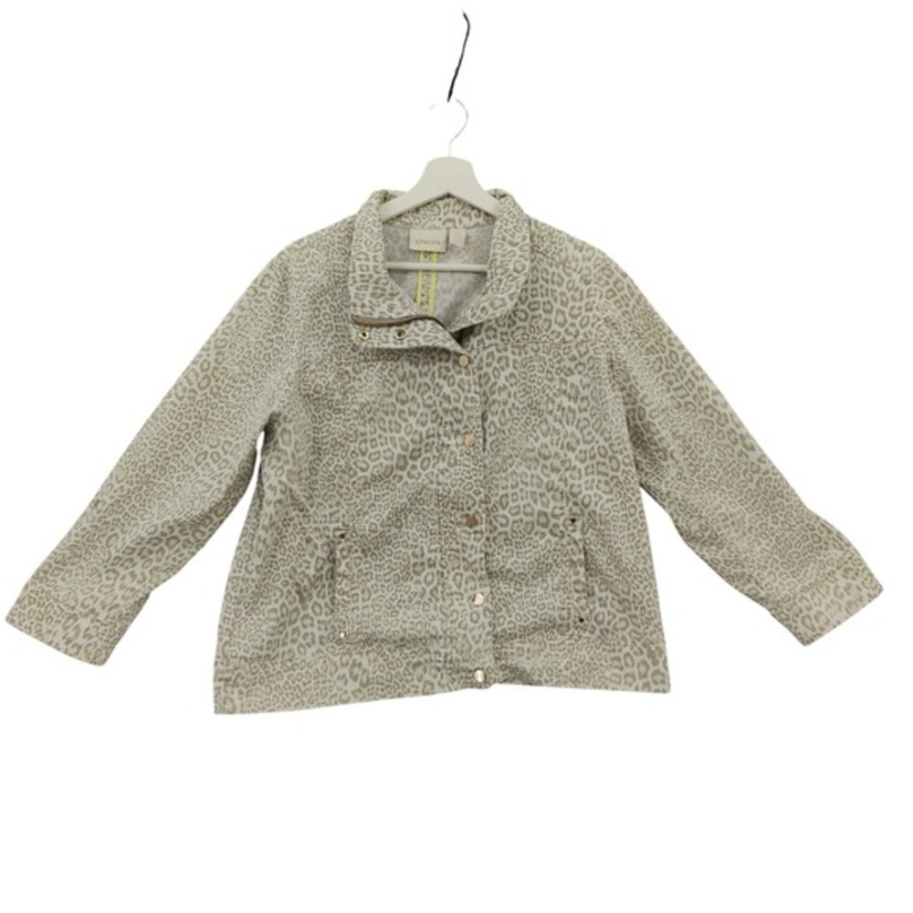 Chicos Womens Safari Animal Windbreaker Jacket 2 L Tan Leopard Snap Button Zip